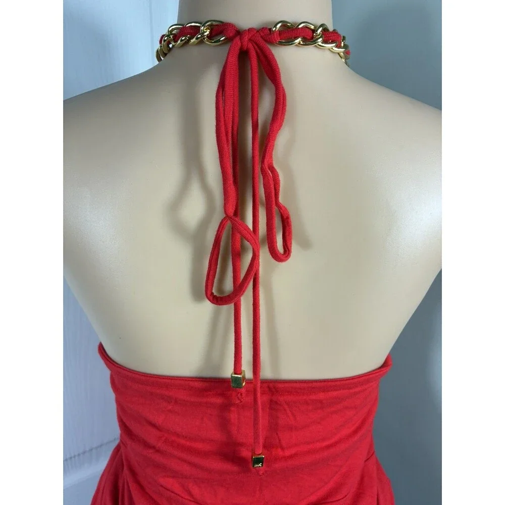 Michael Kors Womens Top Sz XL Red Sleeveless Halter keyhole chain Built in Bra